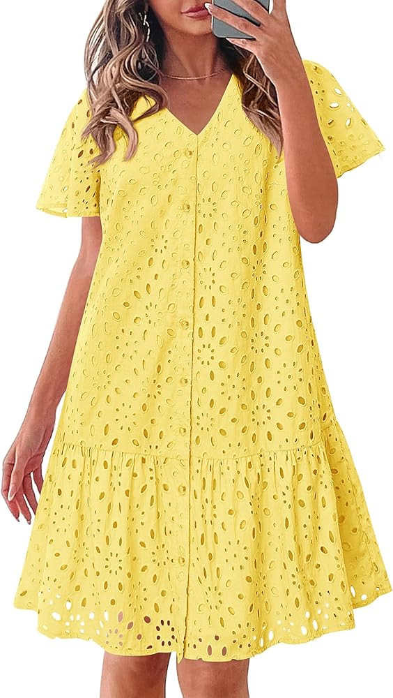 KIRUNDO Summer Dresses for Women 2025 Eyelet Button Down V Neck Short Sleeve Hollow Out A Line Lo... | Amazon (US)