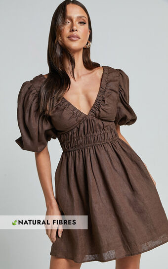 Amalie The Label - Khaila Linen Plunge Puff Sleeve Mini Dress in Chocolate | Showpo (US, UK & Europe)