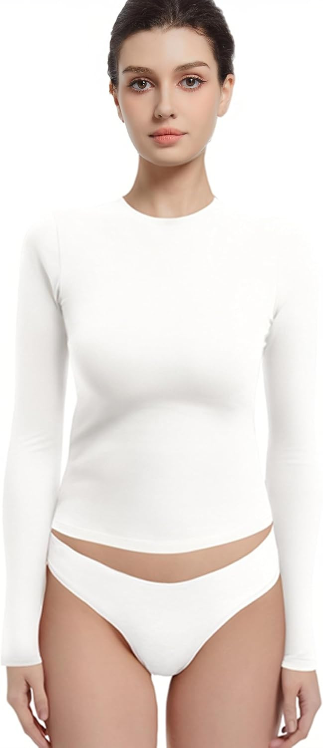 Abonlen Long Sleeve Shirts for Women Crewneck Basic Tees T Shirts Fitted Crop Tops Y2k Going Out Tops | Amazon (US)