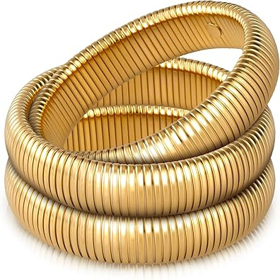 Gold Bangle Bracelets for Women Chunky Stretch Bracelet Set Stackable Bangles 14K Gold Plated Sta... | Amazon (US)