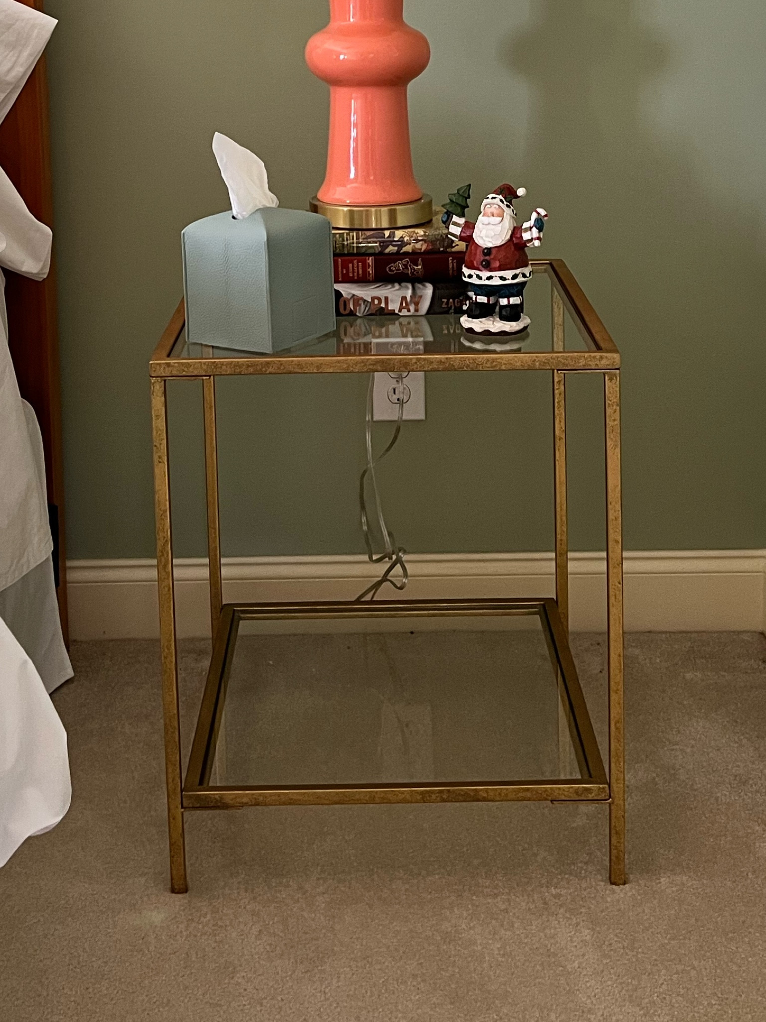 A beautiful gold and glass table for only $125 and please cover your tissue boxes!