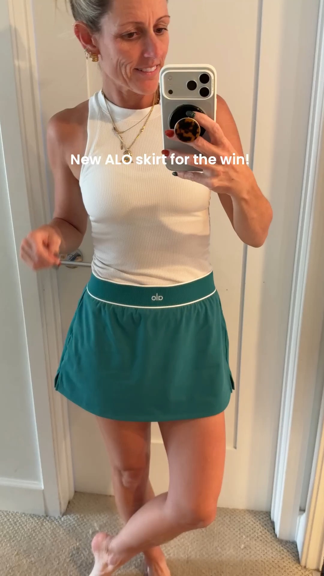 The new season tennis uniform is white and green, and I’m loving this Alo tennis skirt.  This style runs really small, eye-sized up to a medium, and I’m almost always a small or extra small.

#TennisOutfit #TennisSkirt #activeOutfit

#LTKootd #LTKmomlife #LTKActive