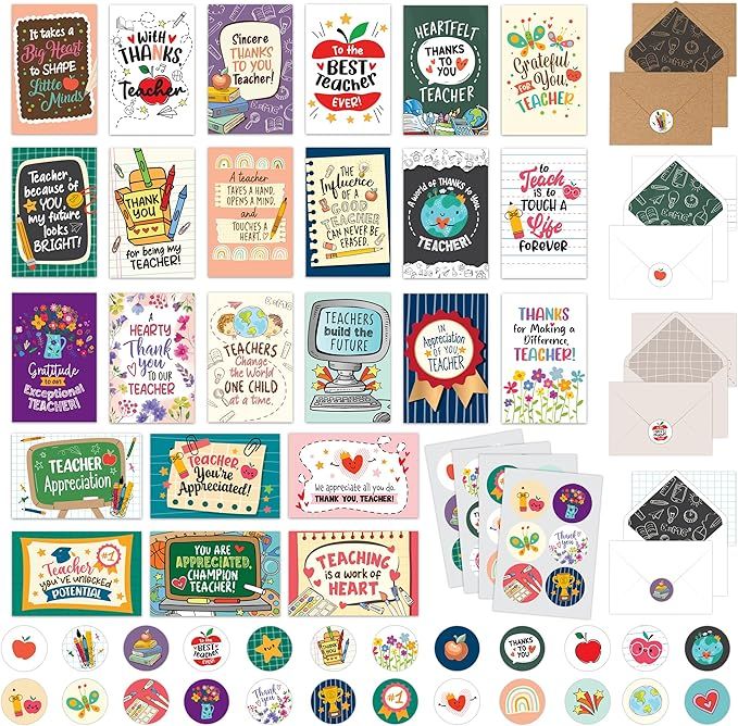 Decorably 24 Pack Teachers Appreciation Cards with Envelopes & Stickers - 24 Unique Designs with ... | Amazon (US)