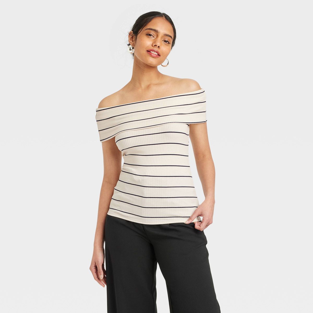Women's Slim Fit Short Sleeve Off the Shoulder Top - A New Day™ White/Navy Striped XS | Target