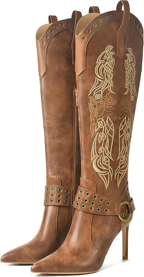 JANSEVEN Western Boots for Women Knee High Cowboy Boots with Embroidered Cowgirl Boot Stiletto Hi... | Amazon (US)