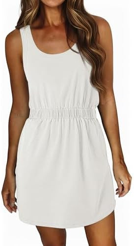 Wenrine Womens Sundresses Summer Mini Dress Casual Sleeveless Elastic Waist Beach Vacation Tank D... | Amazon (US)