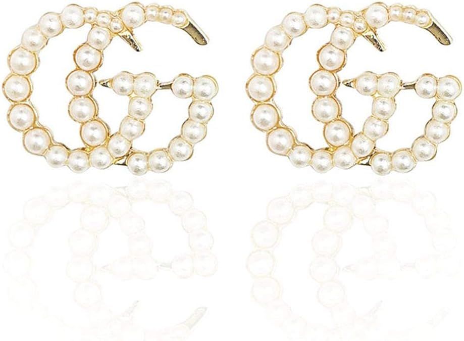 KITEENAL Luxury Letter G Pearl Initial Stud Earrings Drop Fashion Statement CC Earrings for Women | Amazon (US)