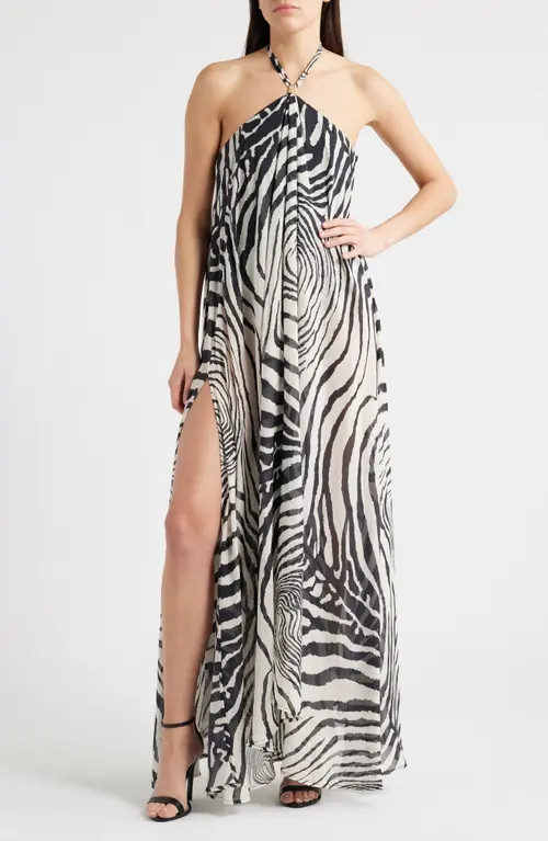 Delfi Collective Isla Print Halter Silk Maxi Dress in Zebra at Nordstrom, Size Large | Nordstrom