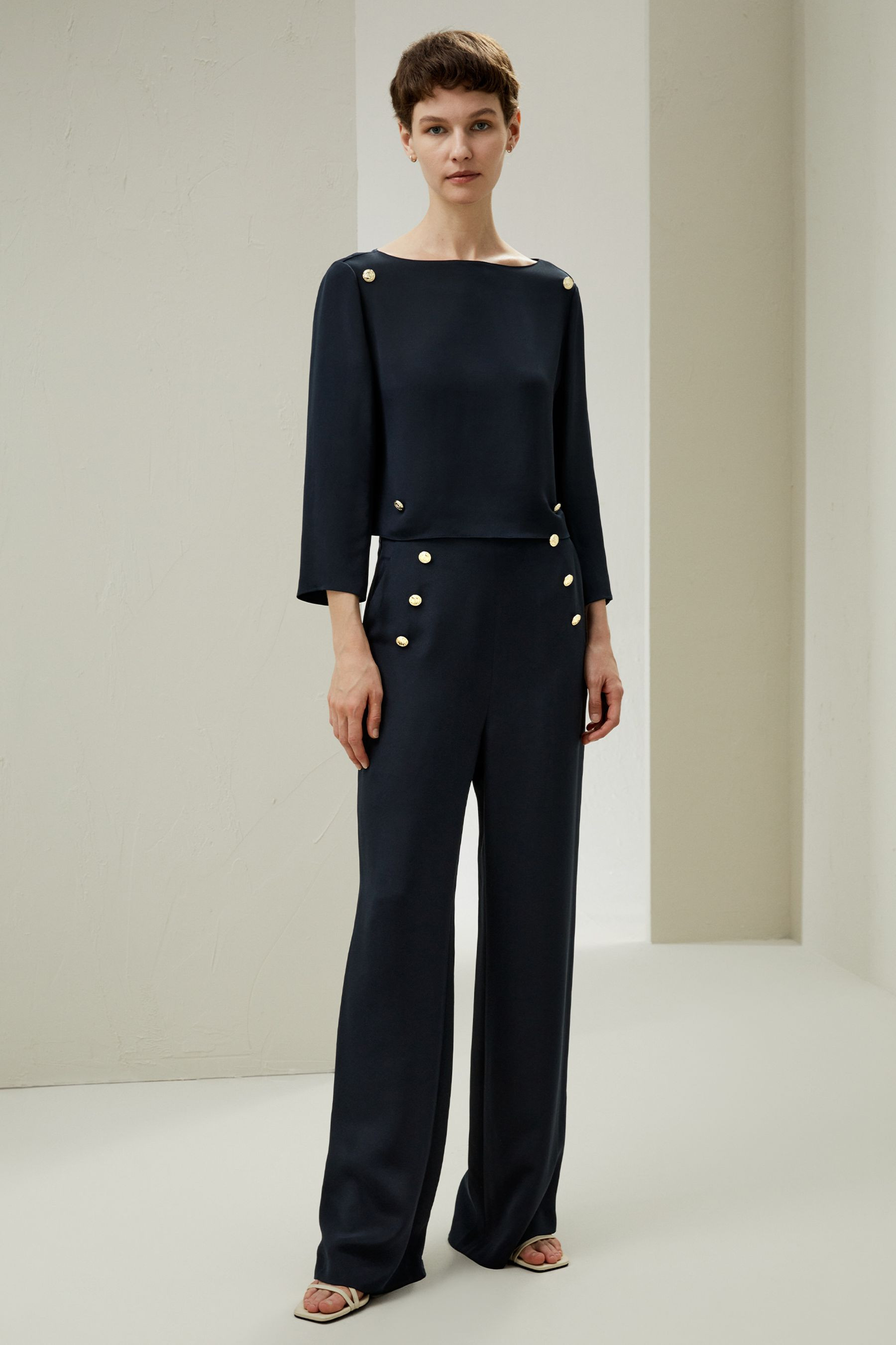 Dubrovnik 3/4 Sleeved Silk Top With Button Accents | LilySilk