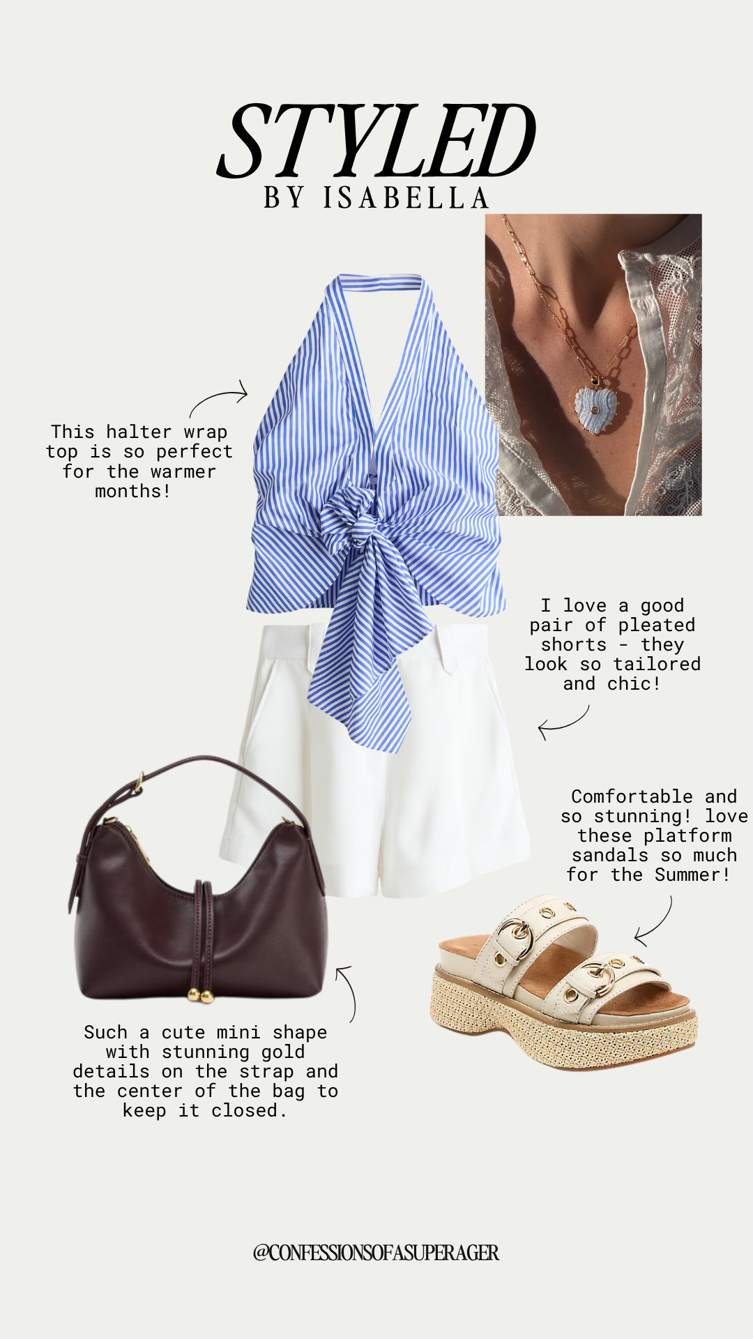Classic coastal style meets effortless summer chic 💙 This blue striped halter top and tailored white shorts create the perfect elevated warm-weather outfit, paired with comfortable platform sandals, a rich brown shoulder bag, and delicate gold jewelry for a polished everyday look. Whether you're heading on vacation, brunch with friends, or a summer getaway, this timeless outfit is equal parts stylish and comfortable. Shop all my favorite pieces now on LTK! ✨ 

 #SummerStyle #CoastalGrandmother #CoastalChic #BlueAndWhiteStyle #VacationOutfit #SummerFashion #ResortWear #ClassicStyle #TailoredShorts #HalterTop #NeutralAccessories #EverydayChic #Over50Style #FashionOver40 #TimelessFashion #SummerOutfitIdeas #LTKStyle #LTKFinds #CasualLuxury #ConfessionsOfASuperager #LTKootd #LTKOver40 #LTKSaleAlert