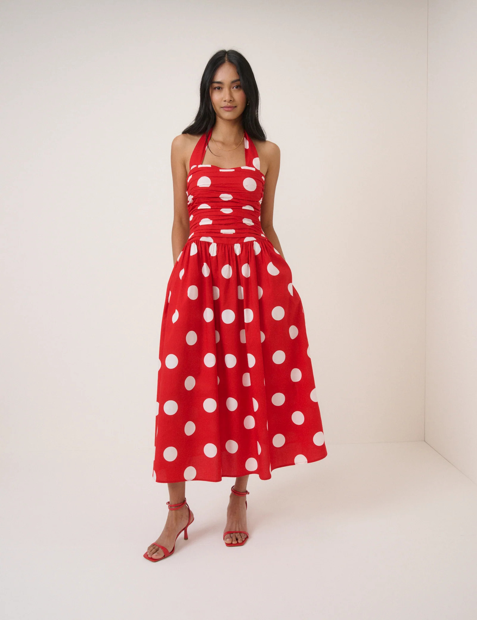 Red Polka Dot Halterneck Lilah Midi Dress | Nobody's Child