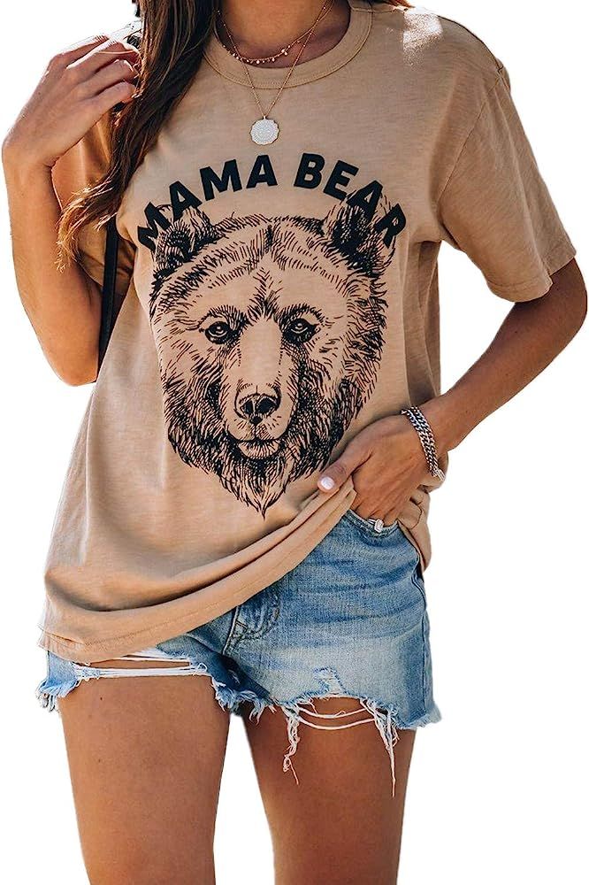 SENSERISE Womens Mama Bear Shirt Animal Print Graphic Short Sleeve Tee Shirt Mothers Day T Shirt | Amazon (US)