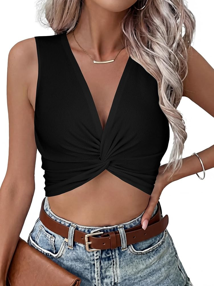 Vrtige Women's Twist Front V Neck Ribbed Knit Sleeveless Sexy Cami Tank Crop Top | Amazon (US)