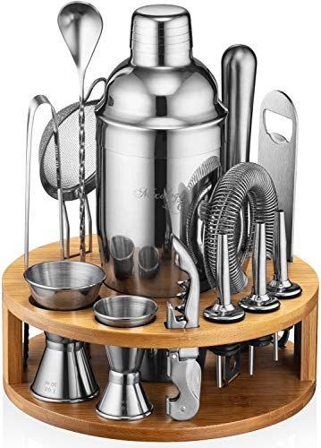 Mixology & Craft Bartender Kit – 15-Piece Cocktail Shaker Set with Bar Tools, Premium Stainless Steel Drink Mixer Accessories for Home Bar, Includes Bamboo Stand, Plus Exclusive Recipe Cards (Silver) | Amazon (US)