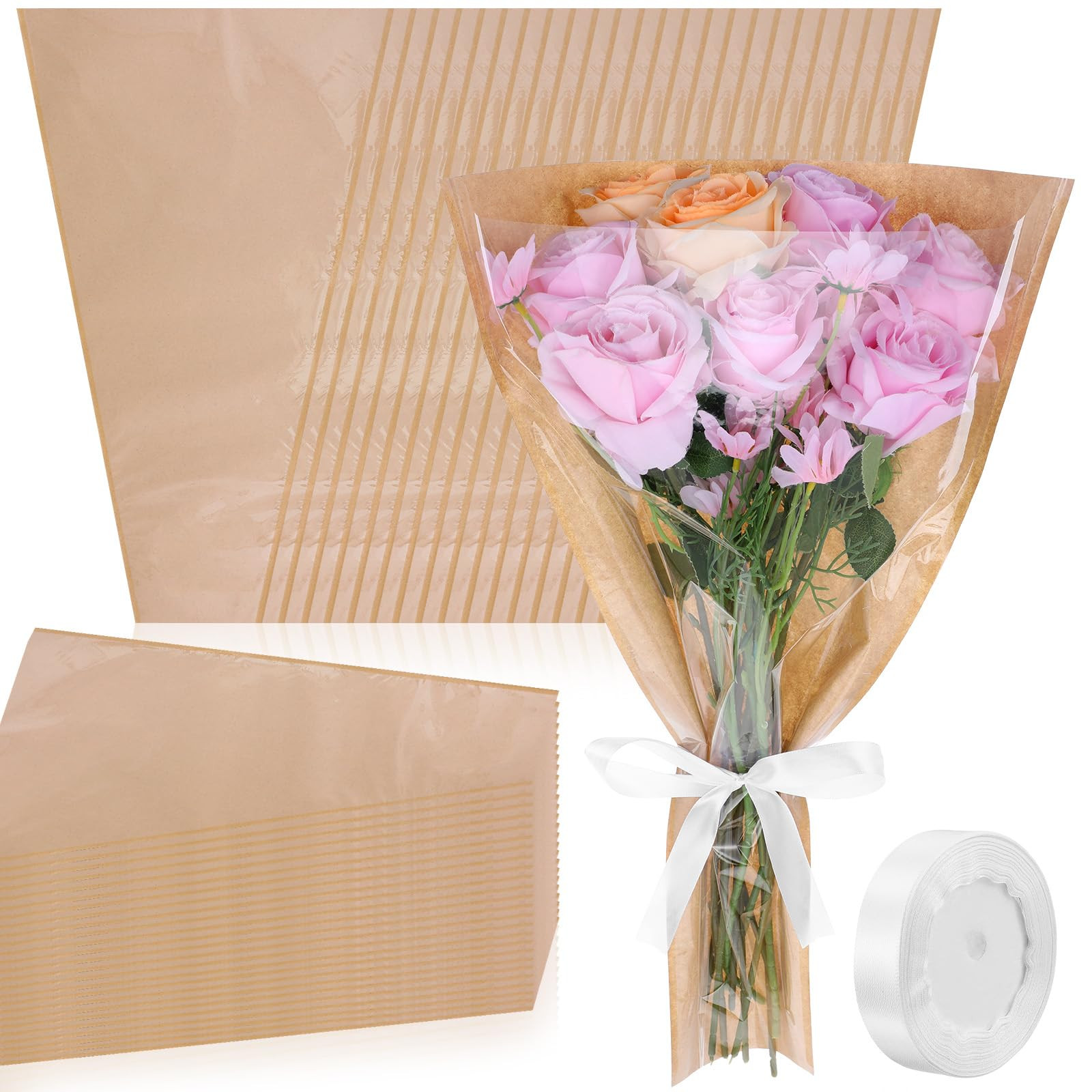 Molain 50 Pack Flower Wrapping Paper, Flower Bags for Bouquet, Kraft Floral Wrap Sleeves with Rib... | Amazon (US)