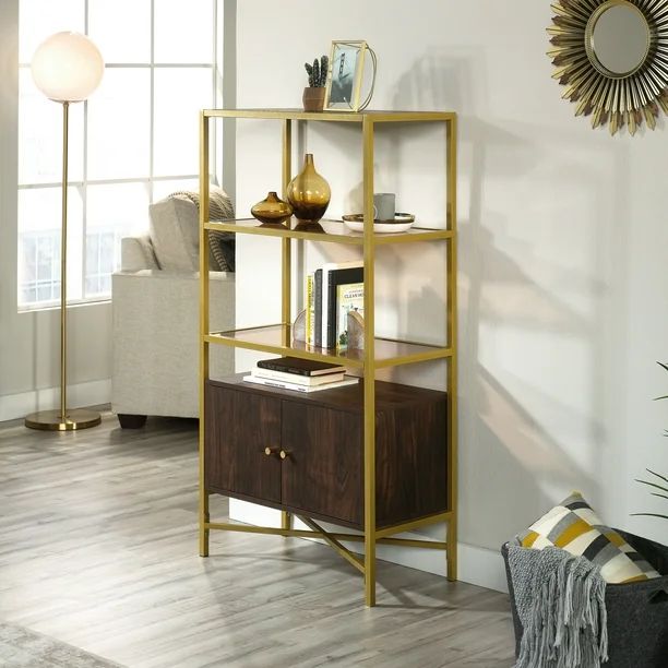 Curiod Gold Metal Bookcase with 3 Glass Shelves and Storage, Rich Walnut Finish - Walmart.com | Walmart (US)