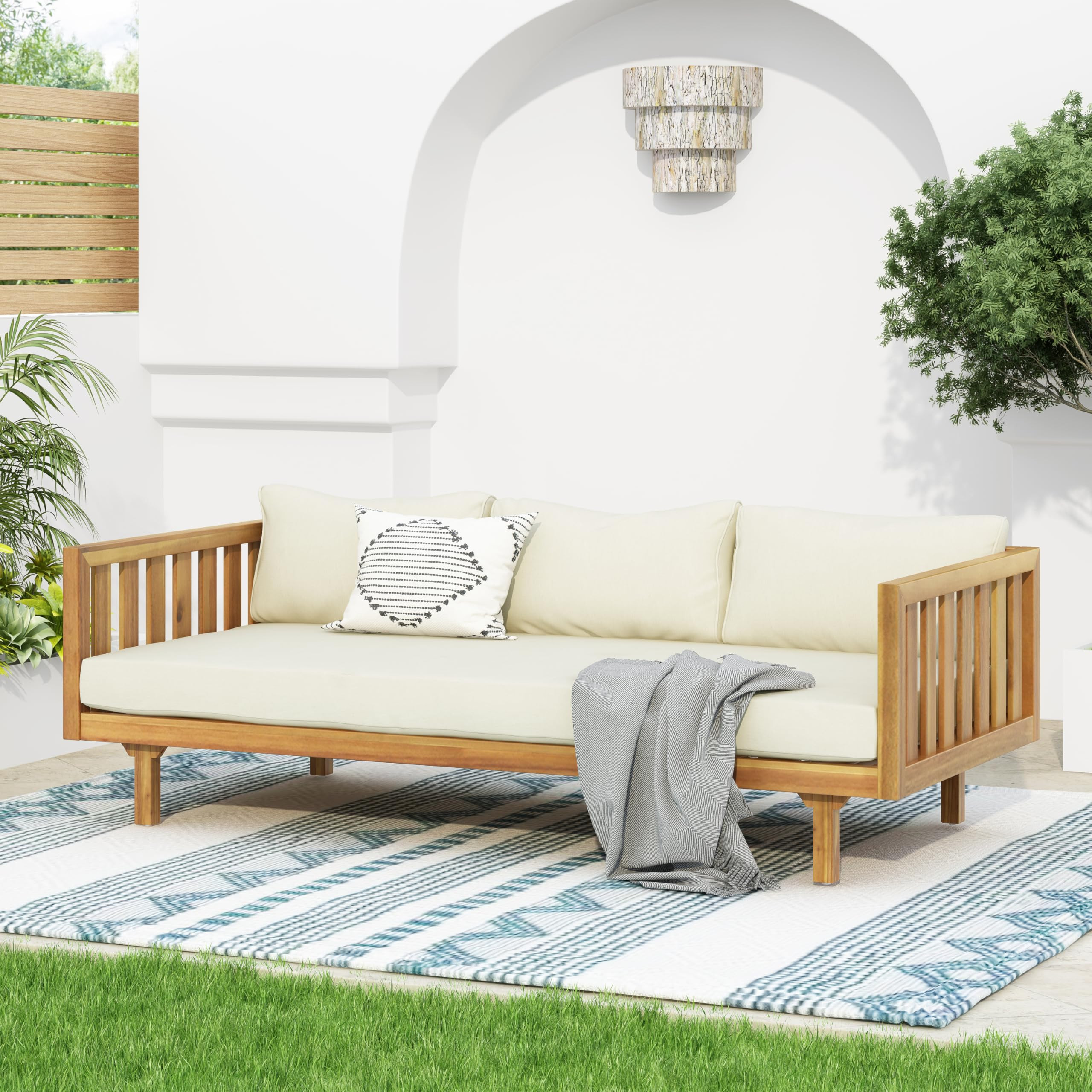 Christopher Knight Home Claremont Outdoor 3 Seater Acacia Wood Daybed with Fabric Water Resistant... | Amazon (US)
