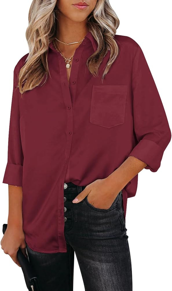 Aoudery Womens Button Down Shirts Dress Shirts Long Sleeve Wrinkle Free Collar Blouses V Neck Wor... | Amazon (US)