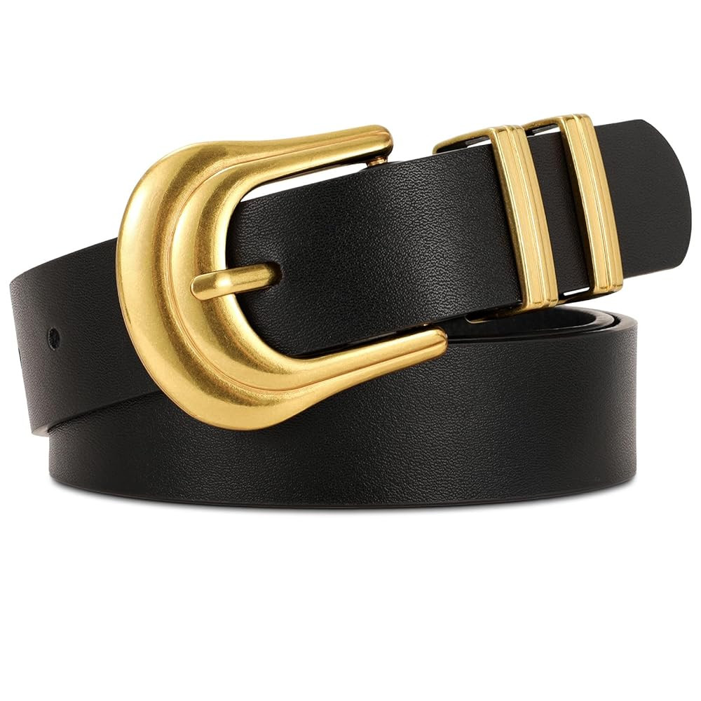 JASGOOD Women's Western Belt Vintage Black Leather Waist Belt for Pants Jeans with Gold Buckle | Amazon (US)