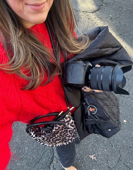 Gal on the go. Red sweater and leopard bag from RTR, Levi’s ribcage black jeans 