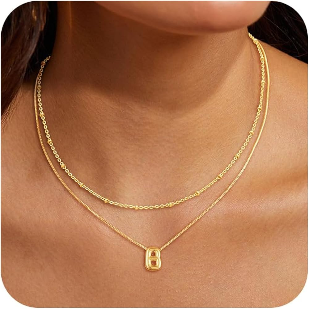 Initial Necklaces for Women, Layered 14K Gold Plated Bubble Letter A-Z Necklace Pendant Choker Ne... | Amazon (US)