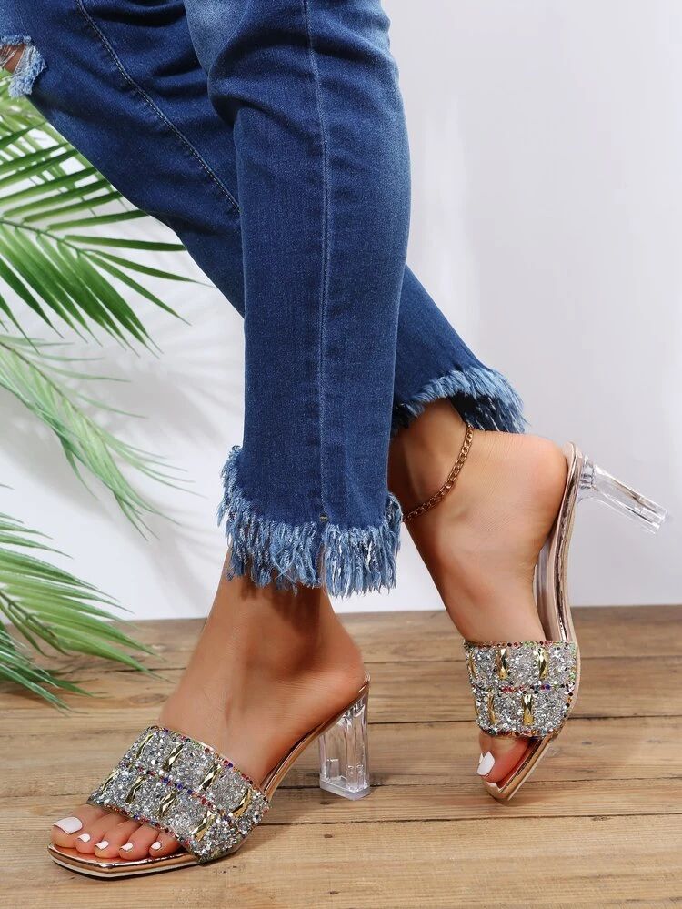 Metal & Rhinestone Decor Chunky Heeled Mules | SHEIN