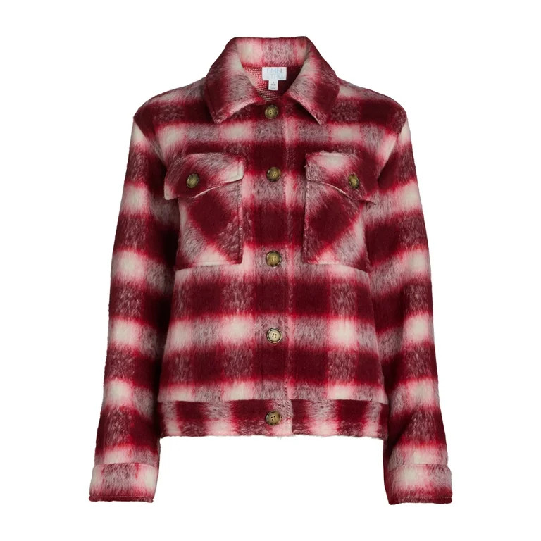 Time and Tru Women's Cropped Plaid Button Down Shacket, XS-XXXL | Walmart (US)