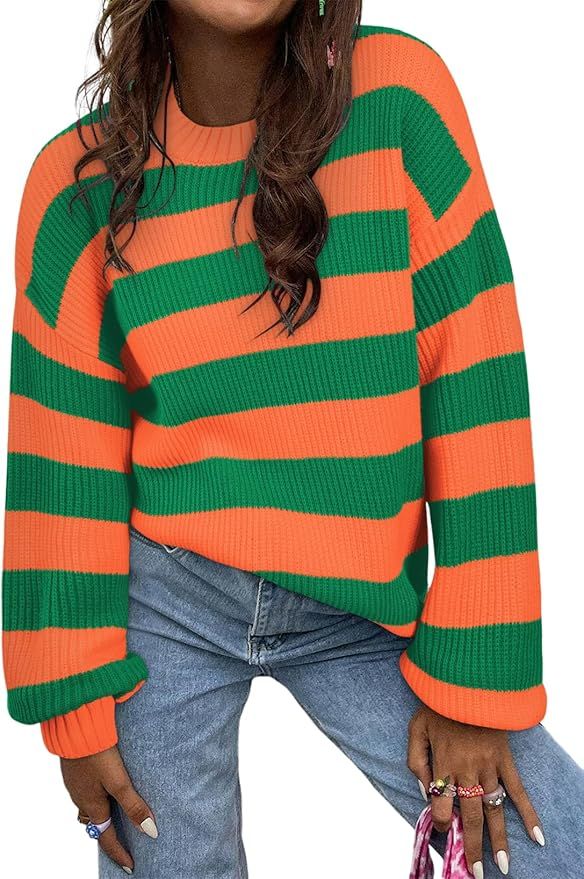 SHEWIN Womens Sweaters 2024 Casual Long Sleeve Crewneck Color Block Striped Knit Lightweight Pull... | Amazon (US)