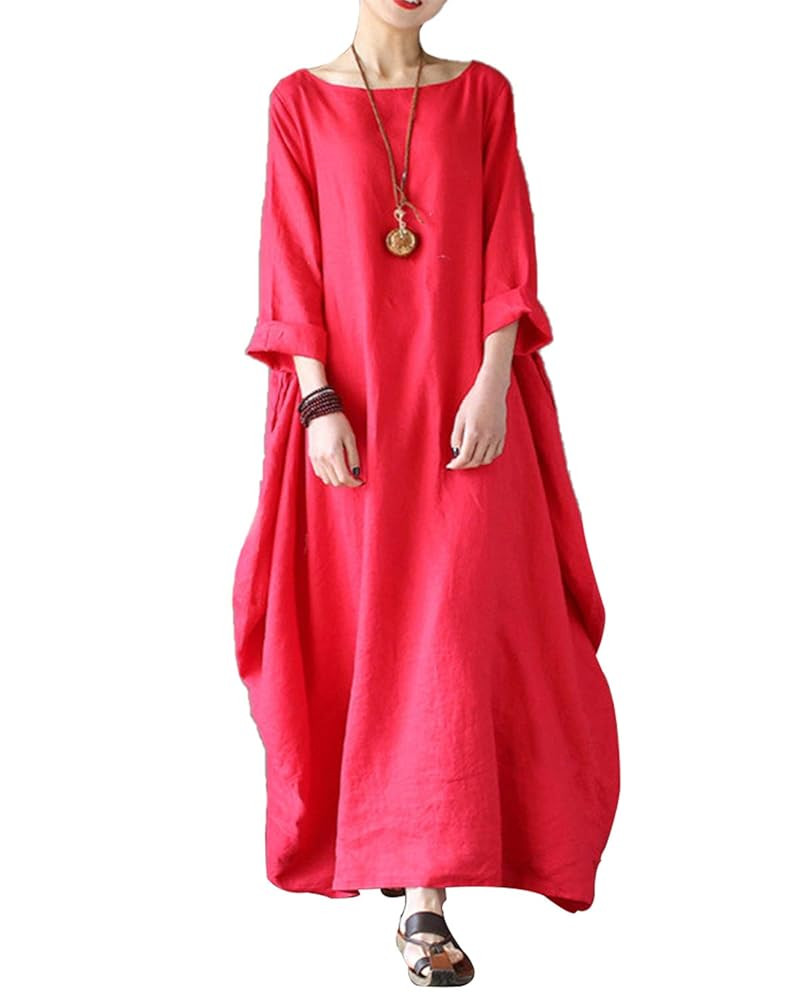 Celmia Autumn Solid Loose Long Maxi Dress Cotton Caftan | Amazon (US)
