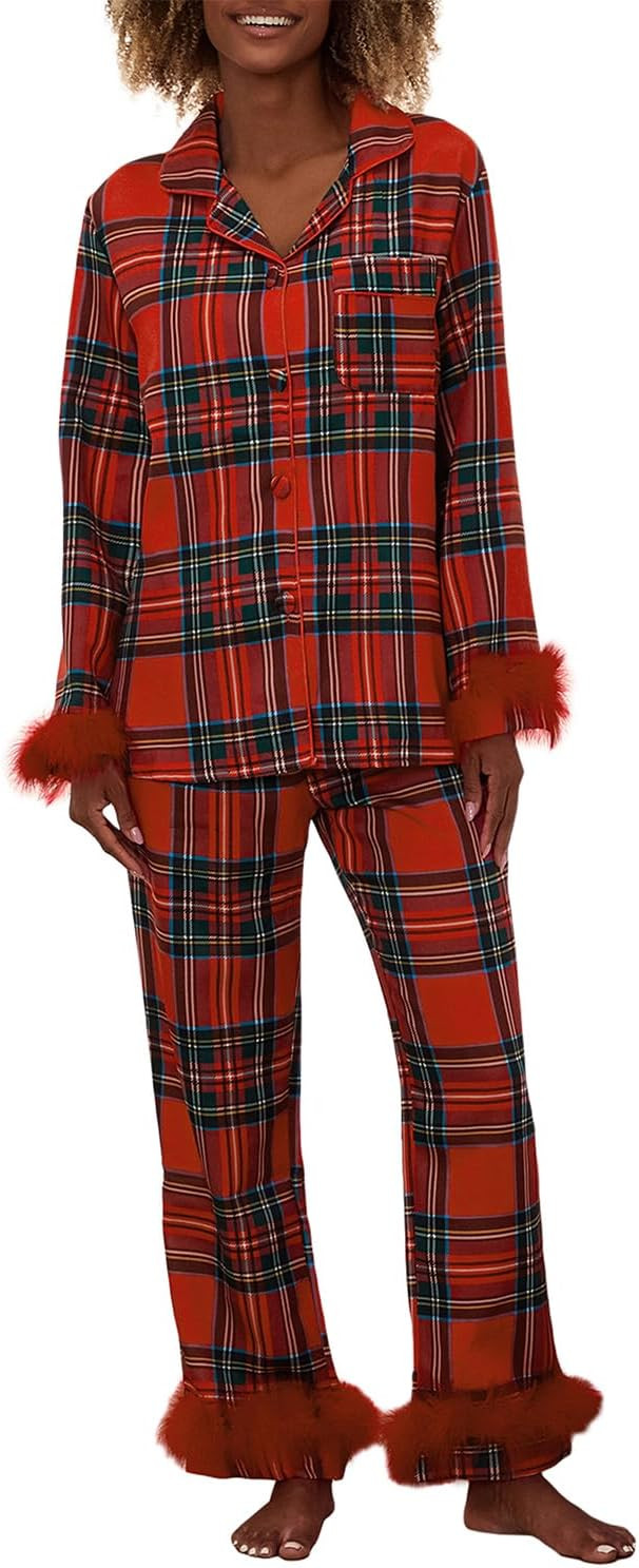 Kimydreama Christmas Pajamas for Women Feather Trim Button Down Long Sleeve Top and Pants Pj Set ... | Amazon (US)