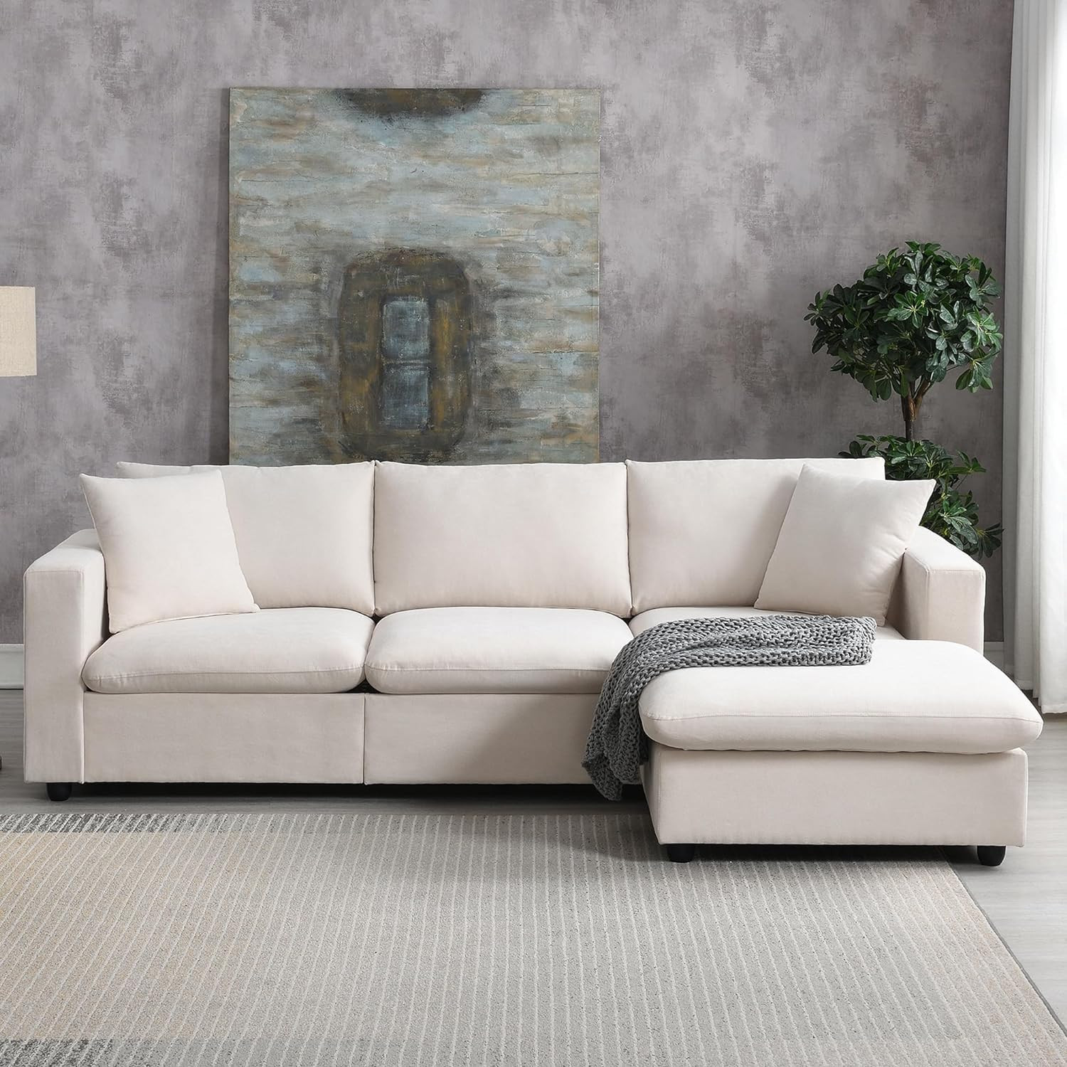 100.4" Beige Cloud Couches for Home Living Room Sofa Set, Modern L Shaped Couch with Convertible Ottoman, 4 Seater Comfy Polyester Fabric Sofa with 2 Pillows for Apartment Bedroom Office | Amazon (US)
