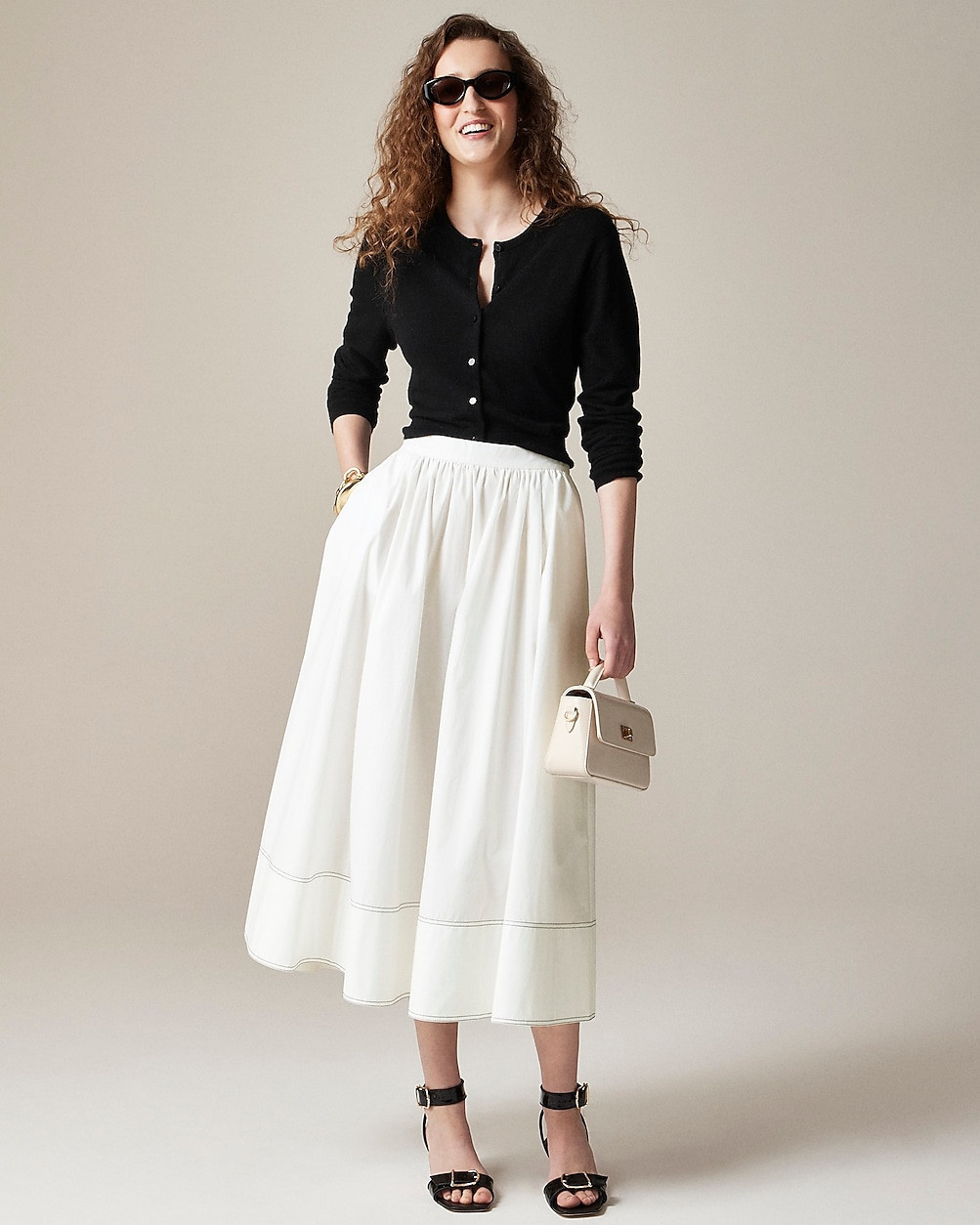 Petite contrast-stitch midi skirt in cotton poplin | J. Crew US