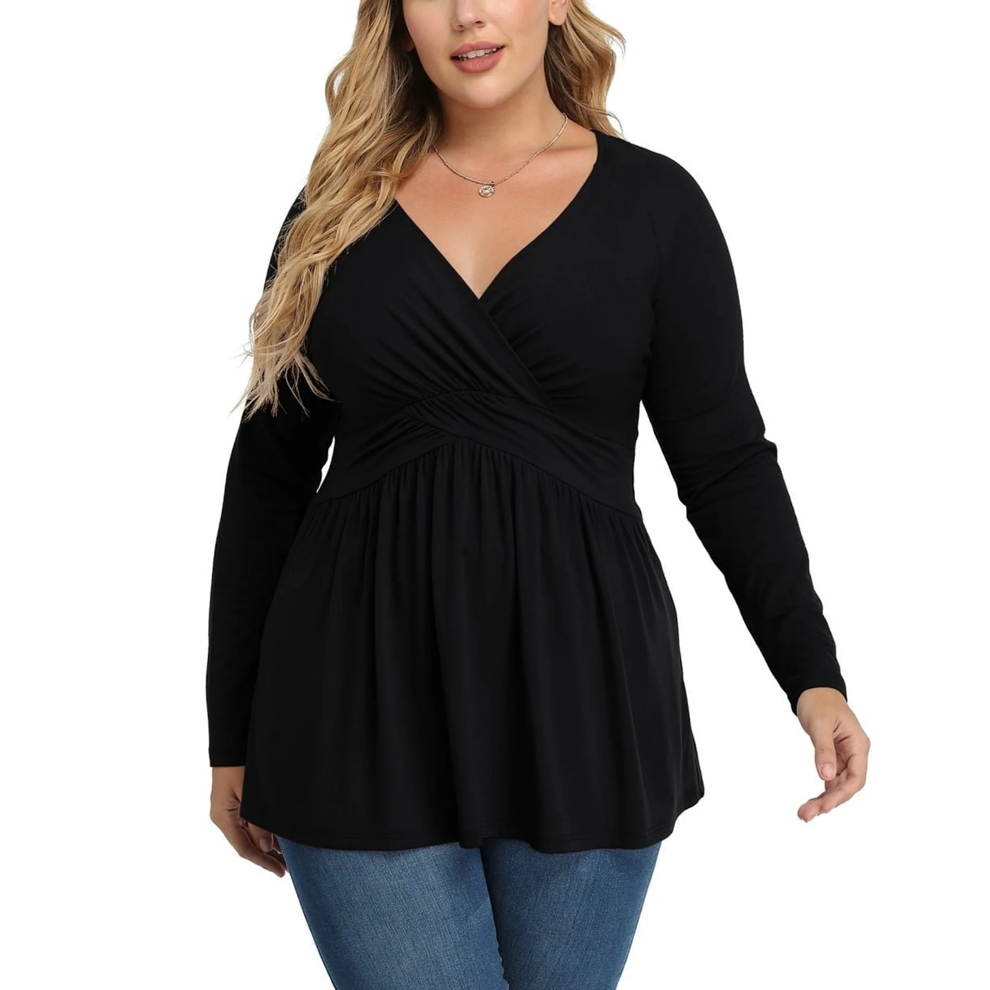 Uvplove Women's Spring Plus Size V-Neck Tunic Tops Casual Loose Long Sleeve Blouses with Pleated,... | Walmart (US)
