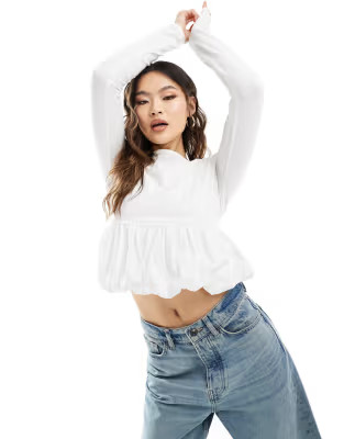 ASOS DESIGN boat neck top with poplin bubble hem in white | ASOS (Global)