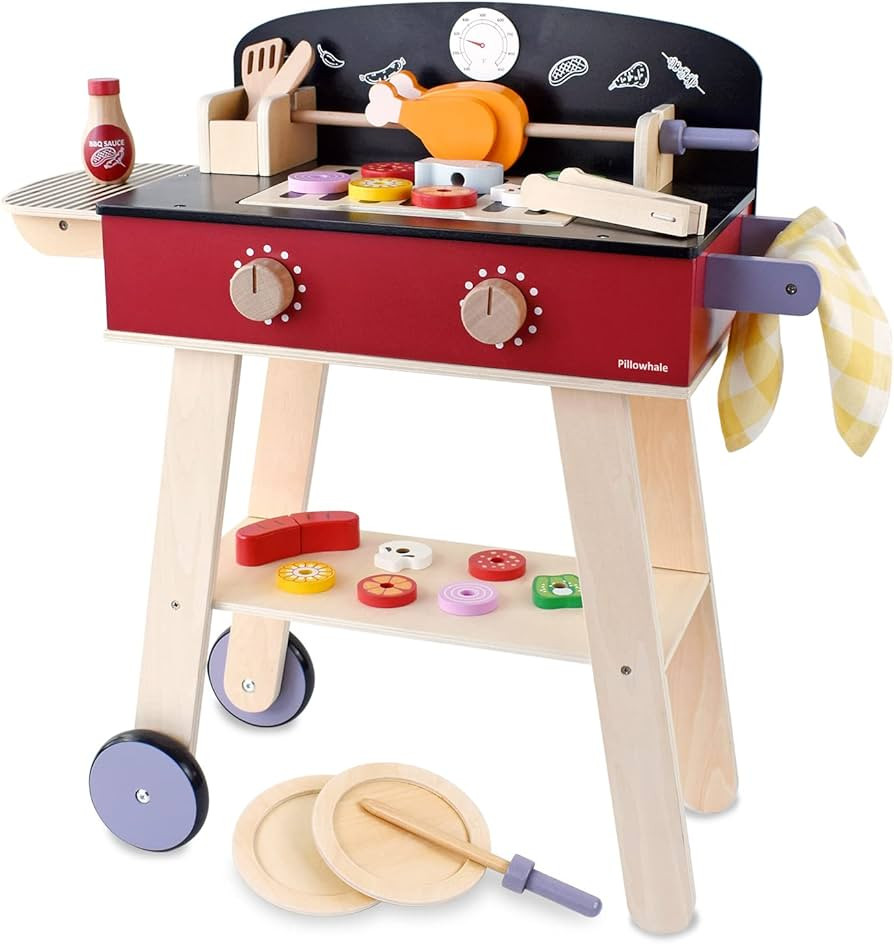 Pillowhale Wooden Pretend Barbecue Grill Playset Toy,Kids Food Truck with Play Food and Grilling ... | Amazon (US)