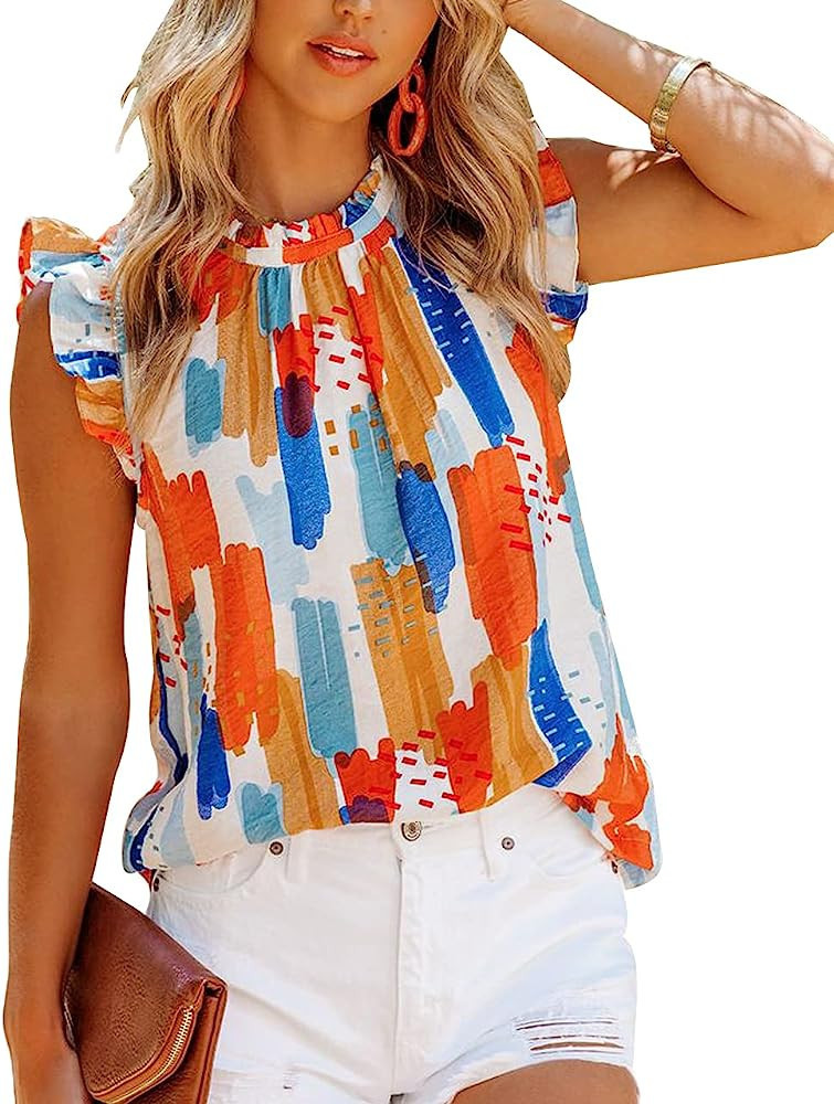 Allimy Women Summer Ruffle Trim Neckline Tank Tops Double Lined Chiifon Blouses | Amazon (US)
