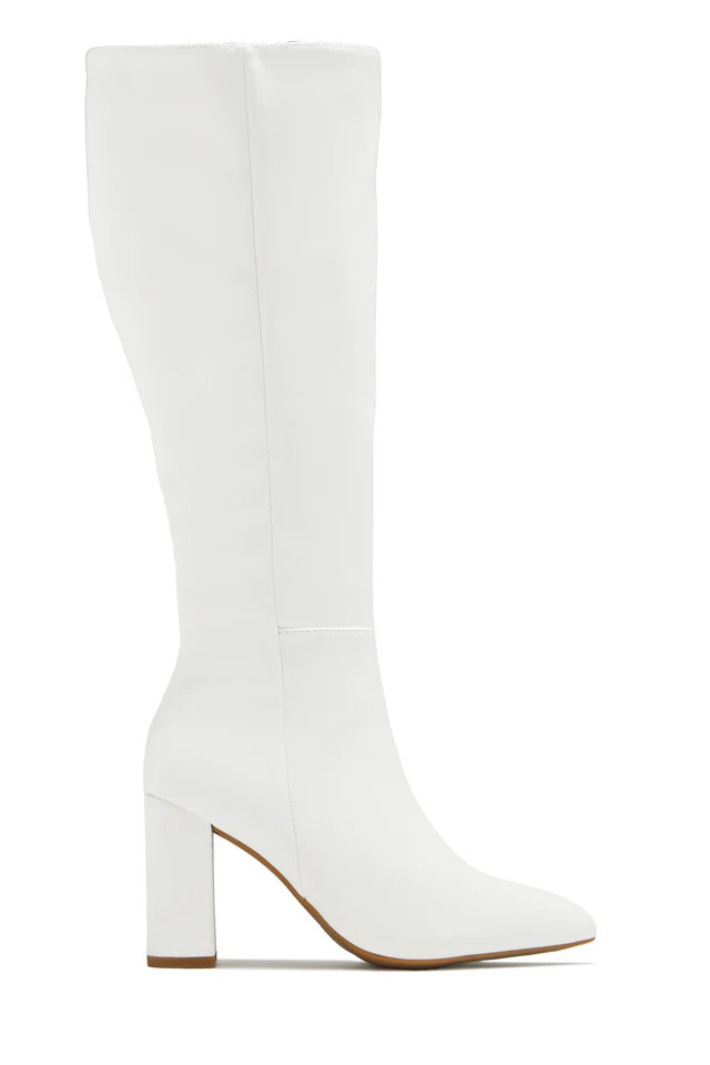 Miss Lola | Fine Time White Block Heel Knee High Boots | MISS LOLA