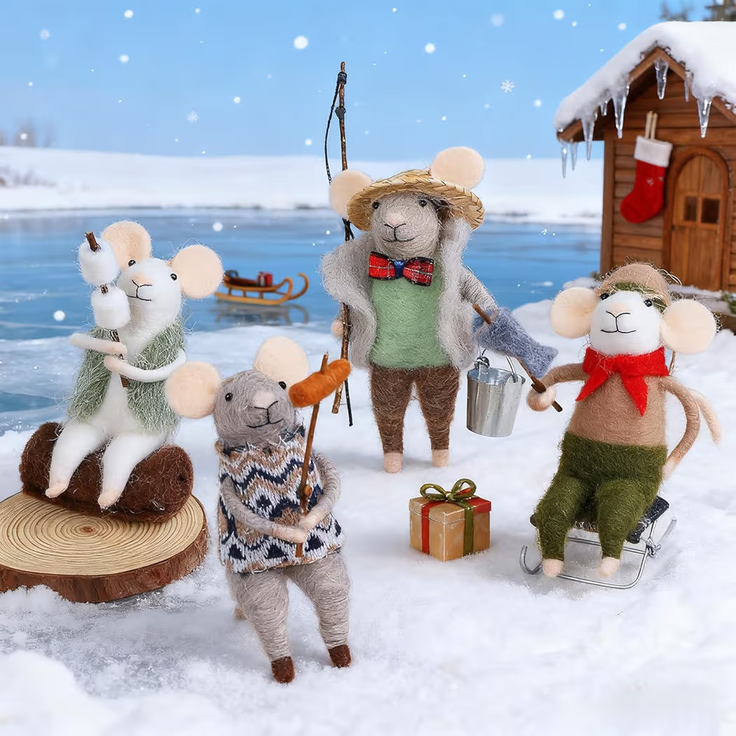 Set of 4 Christmas Felt Mouse Ornaments, 5" Mini Fishing Mice Figurines for Christmas Tree Wreath Hanging, Wool Xmas Tabletop Decor, Animal Crafts Holiday Easter Gifts Party Supply | Amazon (US)