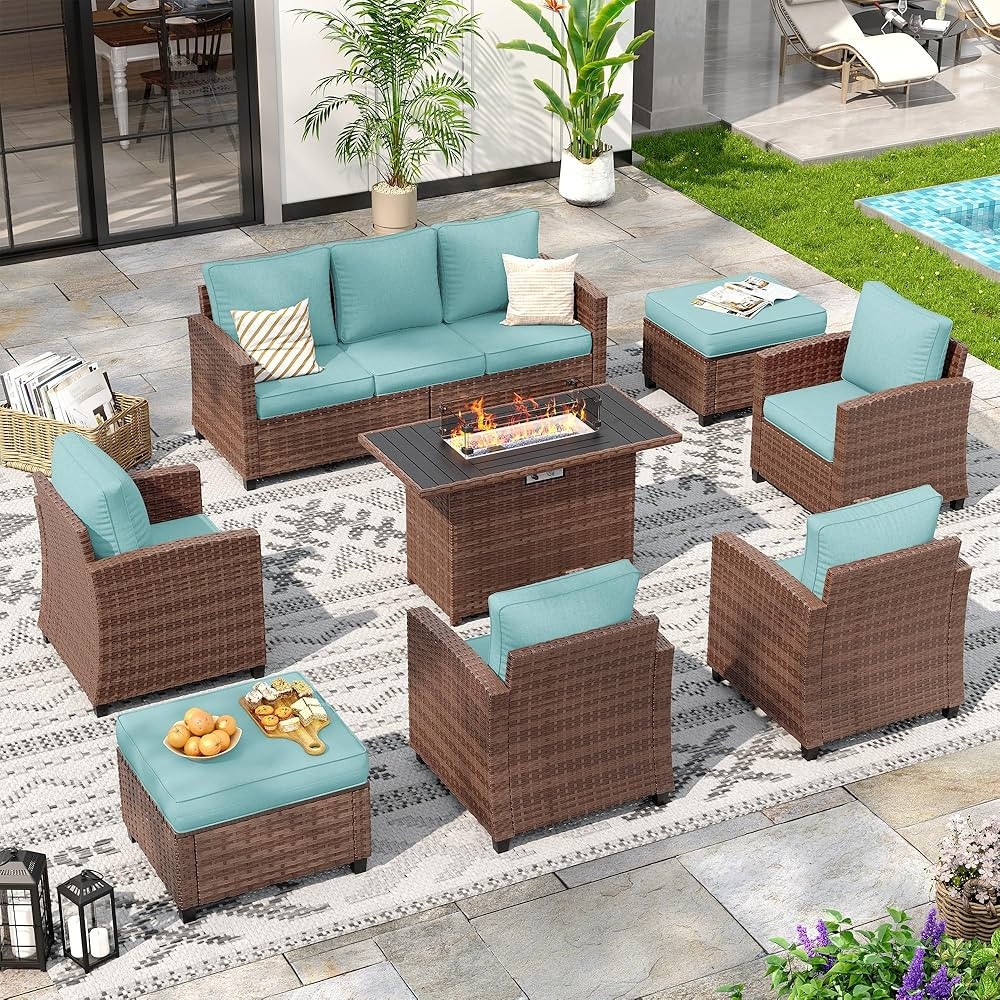 8 Pieces Patio Furniture Set with 44" Gas Fire Pit Table, Outdoor Sectional Conversation Sets, Al... | Amazon (US)