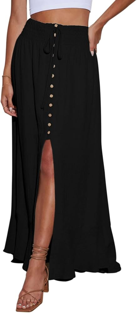 Minclouse Women's Elastic Tie Waist Button Down Maxi Skirts Casual Loose Flowy Swing Slit Front D... | Amazon (US)