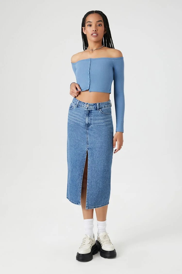Women's Denim Midi Slit Skirt in Medium Denim Small | Forever 21