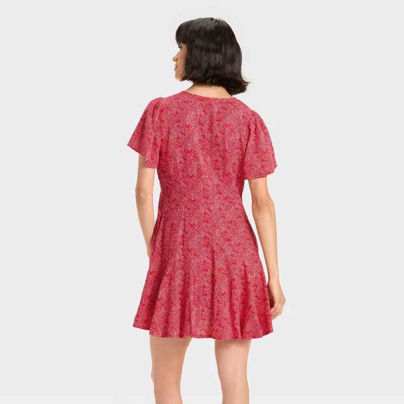 Women's Short Sleeve Button-Front Mini A-Line Dress - Universal Thread™ Red Paisley L | Target