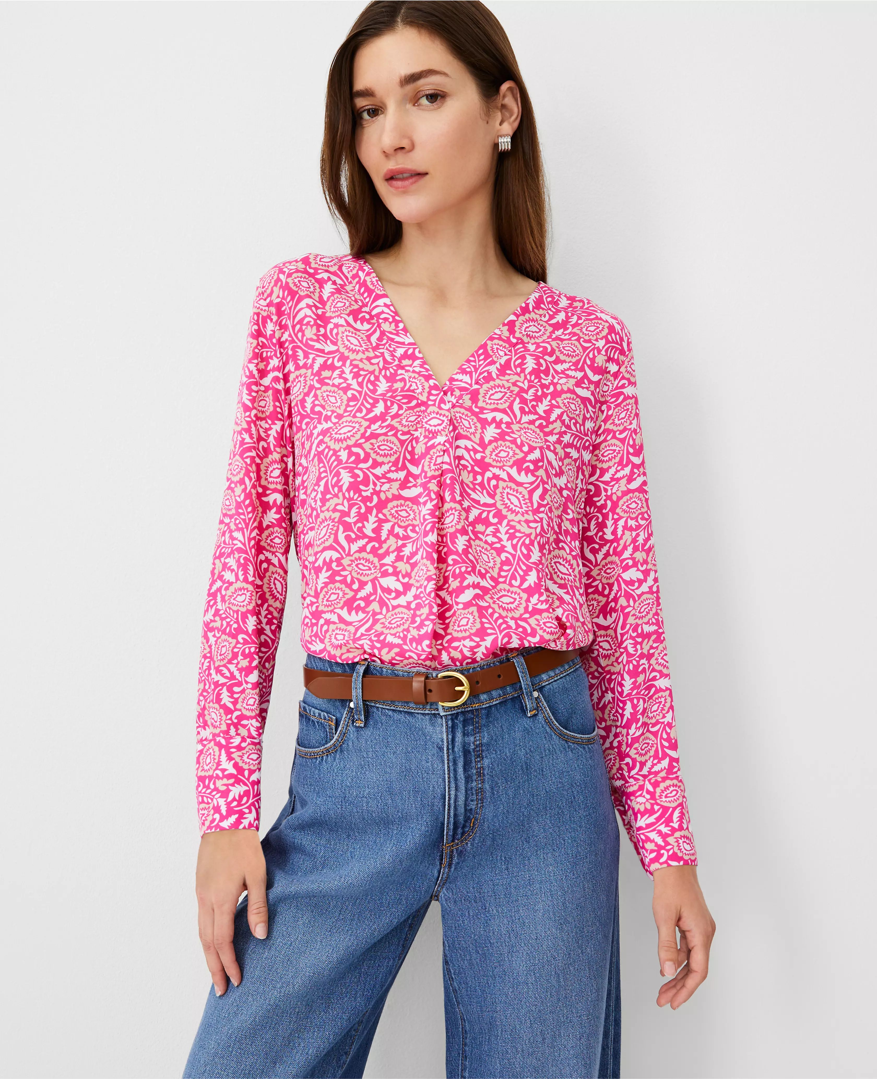 Floral Mixed Media Pleat Front Top | Ann Taylor (US)