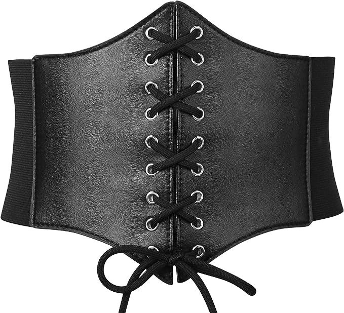 Black Corset Waist Belt for Women, Wide Elastic Tie Waspie Belt for Dresses 4.7inch | Amazon (US)