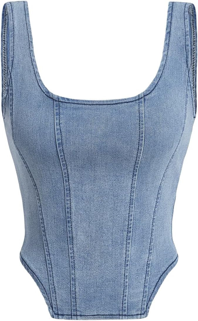 Verdusa Women's Zip Up Back Asymmetrical Scoop Neck Sleeveless Denim Crop Tank Top | Amazon (US)