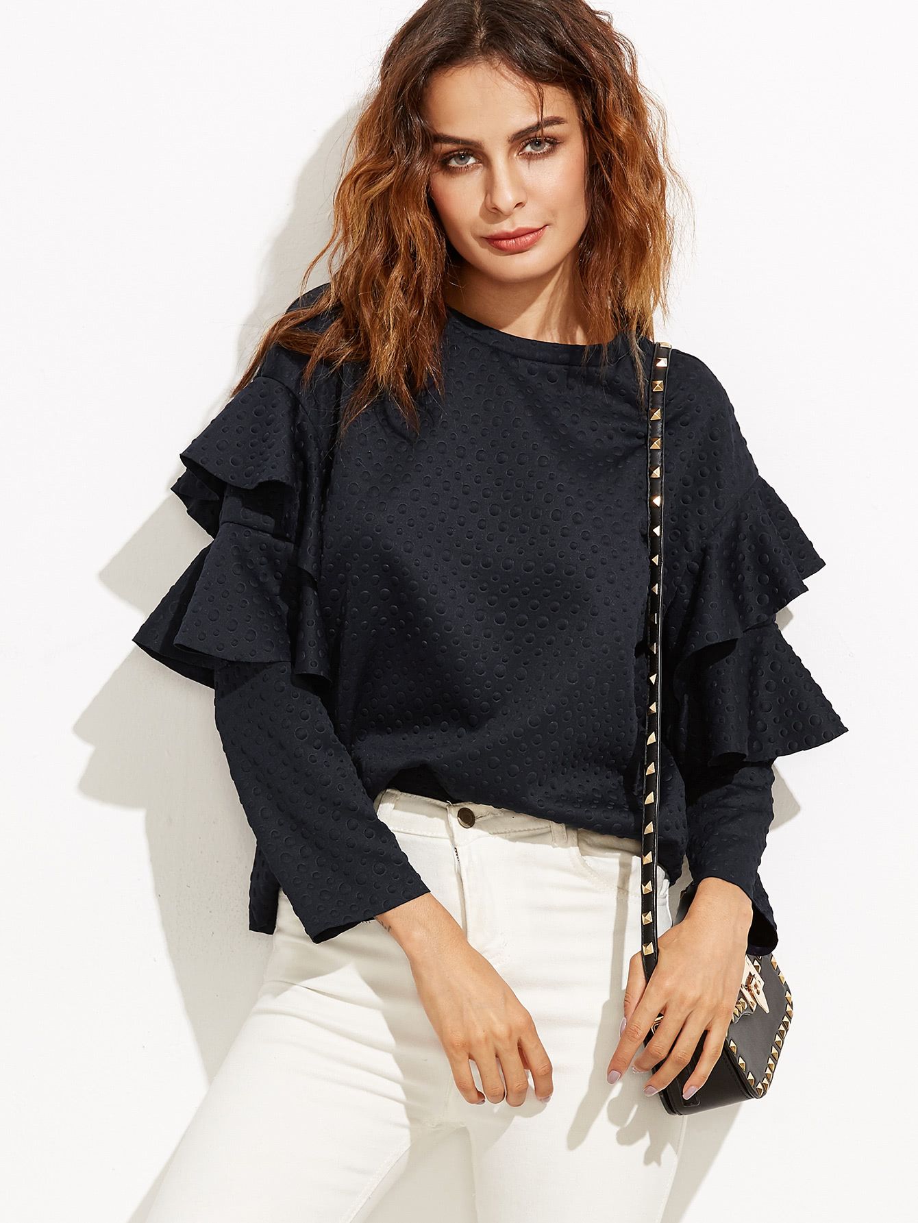 Textured Dots Embossed Layered Frill Sleeve Blouse | SHEIN