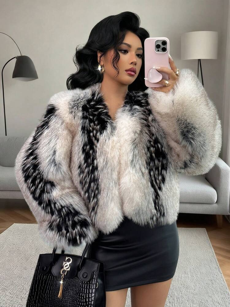 Rafferiza Fashionable Heavy-Duty Black & White Short Faux Fur Jacket, Women | SHEIN