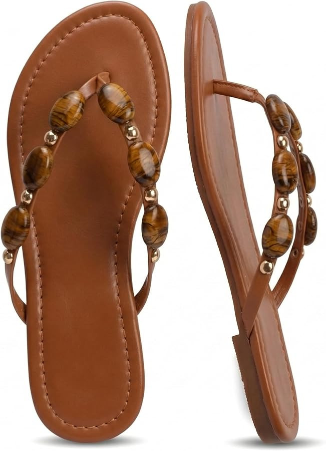 Oakmoo Women Jewelled Thong Strap Open Round Toe Flip Flops Comfy Slip on Flats Sandals Casual Su... | Amazon (US)