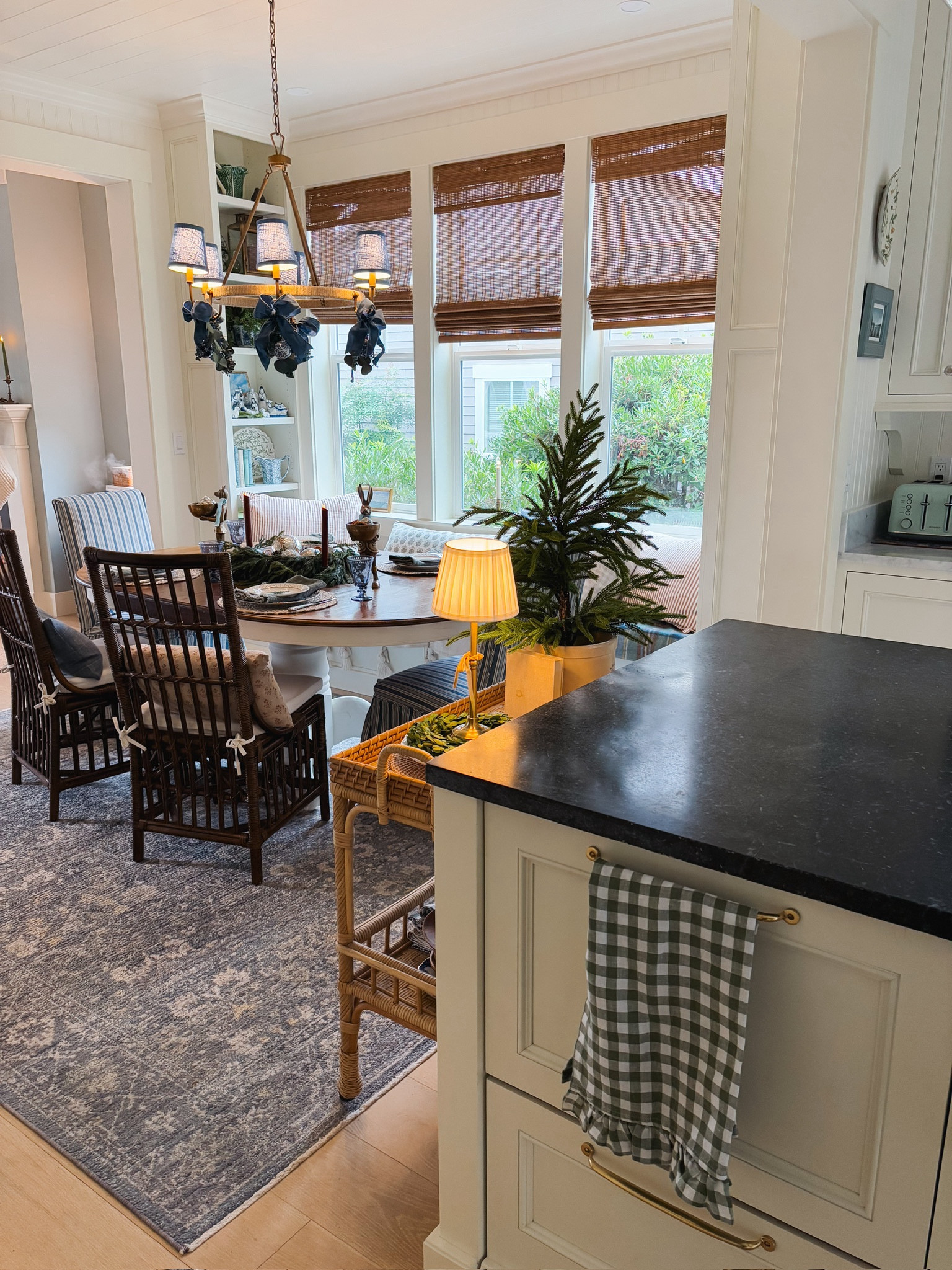 Green checkered ruffled linen tea towel, rattan cart, bamboo shades, chandelier, rug and more sources 

#LTKSeasonal #LTKHome #LTKSaleAlert