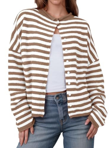 Saodimallsu Womens Striped Cardigan Casual Long Sleeve Open Front Button Down Loose Knit Lightwei... | Amazon (US)
